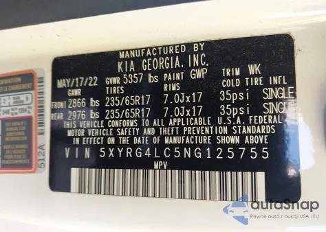 2022 Kia Sorento Lx z USA, uszkodzony, nr VIN 5XYRG4LC5NG125755